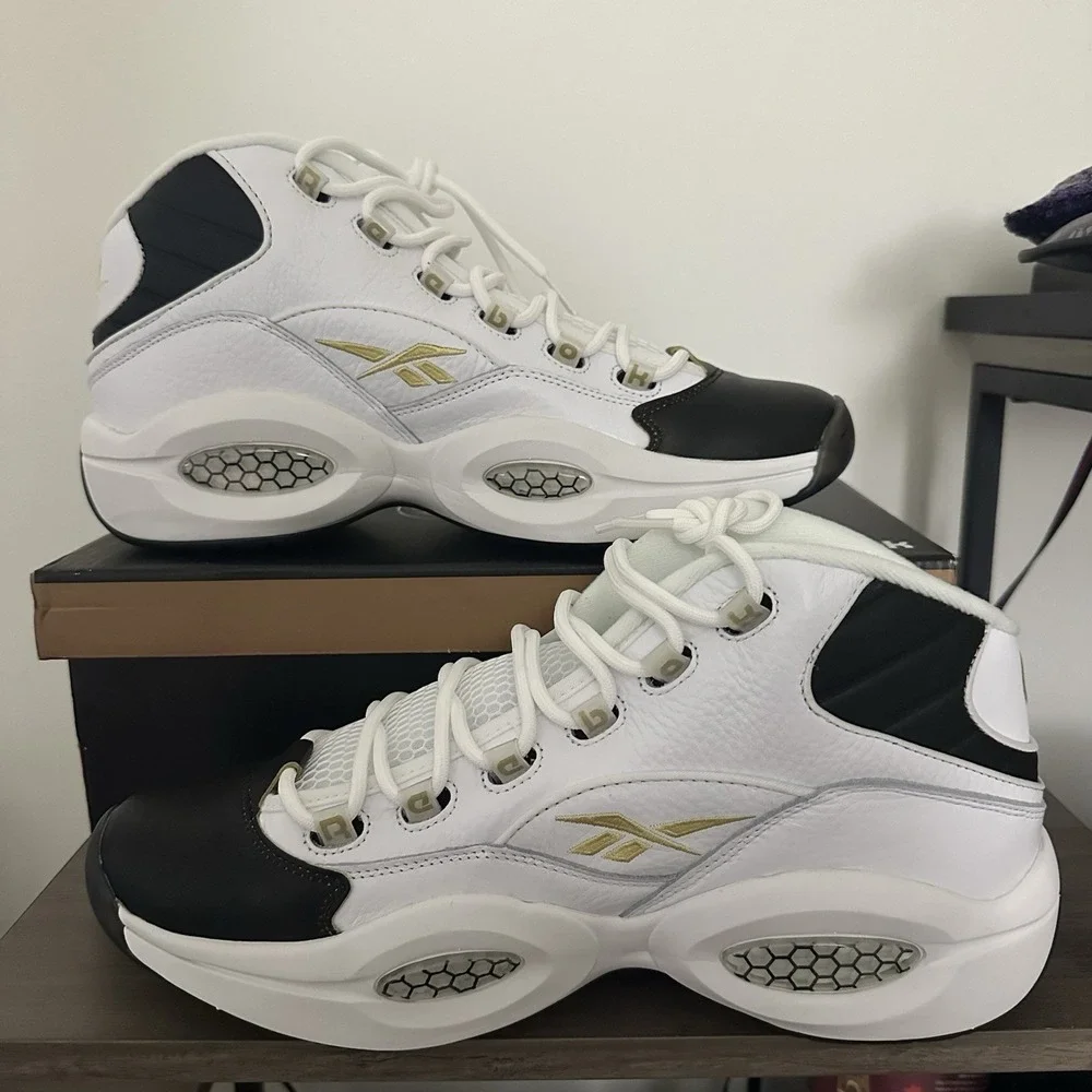 Reebok Question Mid White Black Gold Sz 12 Iverson Saints Colorado MU Tiger